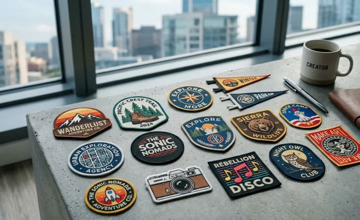 Custom embroidered and woven patches displayed on a modern office table